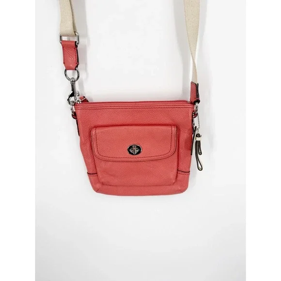 Coach Park Swingpack Pebbled Leather Crossbody Bag Coral Pink Front Pocket Small - Picture 2 of 10